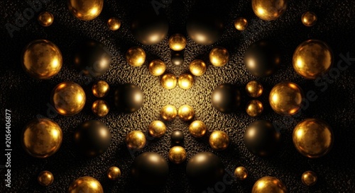 Symmetrical arrangement of golden & black spheres on textured dark background
