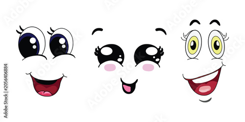 Kawaii cartoon faces with expressive eyes and smiles, set of 3 cute anime character facial expressions, happy manga style vector illustrations