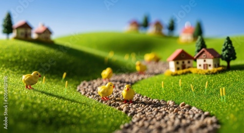 Toy village scene with yellow chicks on a green rolling hill backdrop