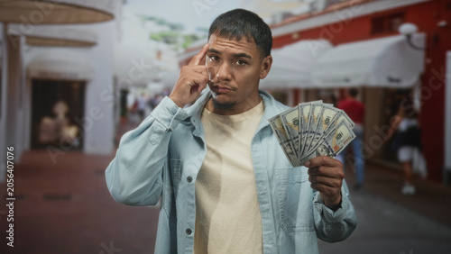 Fotografi Man holding a fan of us dollars and pointing finger toward camera on crowded shopping street; confidence persuasion