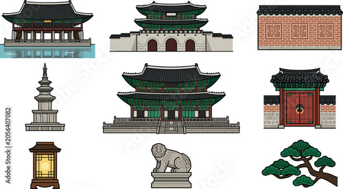 Foto South Korea Culture and Architecture Vector Icon Set Featuring Gyeongbokgung Pal