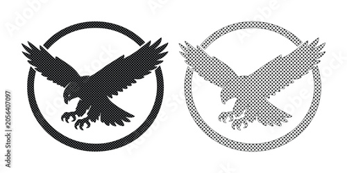 Fotografija Majestic eagle silhouette logo set, soaring hawk emblem in circular frame, black