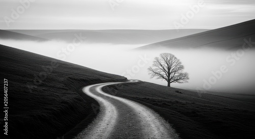 Winding path by leafless tree, mist-filled valleys in B&W landscape