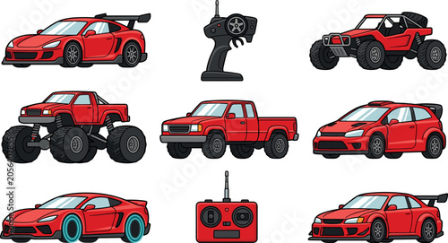Foto Radio Controlled RC Toy Car Vector Icon Set Featuring Red Racing Cars Buggy Mons