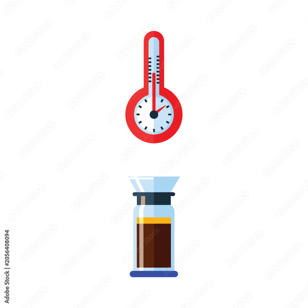 Obraz premium Minimalist Red Thermometer And Coffee Press Icon Set On Clean White Background Vector Illustration