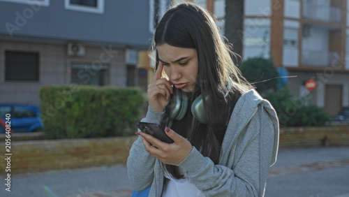 Fotografi Young woman with backpack and headphones holding smartphone, fingertip to temple, reading screen on street; concern