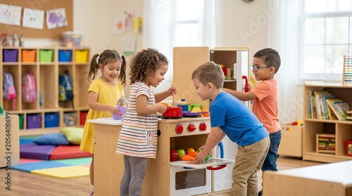 Four diverse young children happily playing with a wooden toy kitchen set in a colorful preschool classroom, engaging in imaginative play and social interaction.