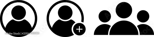 Assorted user icons with add button, representing adding new members to a group.