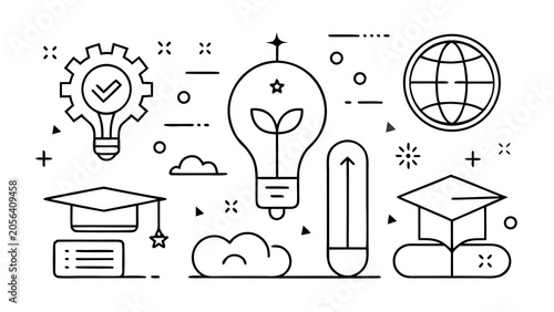 Simple outline stroke educational design icon set featuring lightbulb graduation cap knowledge tree and progress symbols .vector icon