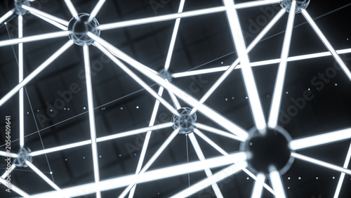 Abstract futuristic network structure of chrome metal joints and bright white neon light tubes against a dark background