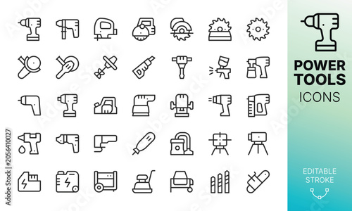 Power Tools Line Icons Set. Set of Cordless Drill, Hammer Drill, Electric Jigsaw, Wall Chaser, Circular Saw, Angle Grinder, Paint Spray Gun, Wrench Impact, Drill Replacement Battery vector icon