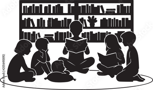 Children silhouettes sitting in library reading books together with children
