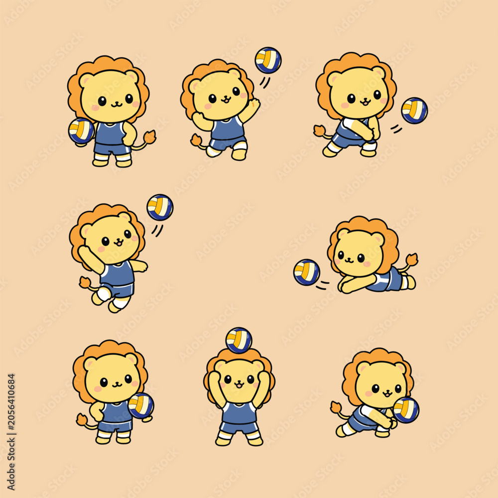 Obraz premium Cute Lion Playing Volleyball Illustration set bundle