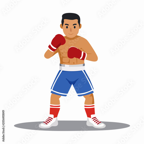 Boxer in fighting stance with red gloves and blue shorts