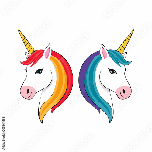 Two Unicorn Heads with Colorful Manes
