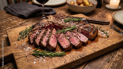 Foto Delicious grilled t bone steak sliced perfectly on a rustic wooden cutting board