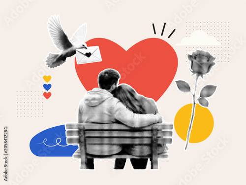 Romantic love collage with embracing couple on bench, heart, dove carrying letter and rose. Modern halftone illustration for Valentine’s Day, relationship and affection concept.