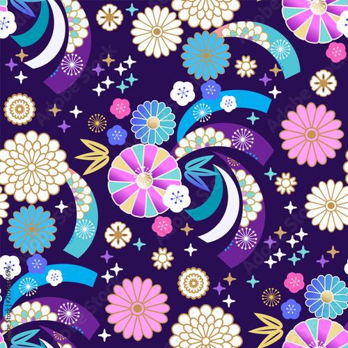  japanese modern seamless pattern flowers for vintage kimono, fabric, paper, wallpaper, cover	Vector  art background illustration