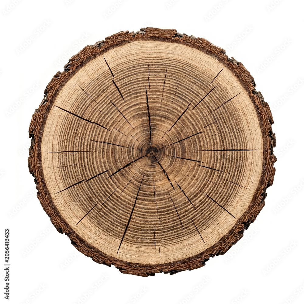 Fototapeta premium Tree Trunk Cross Section With Growth Rings and Bark Isolated on White Background