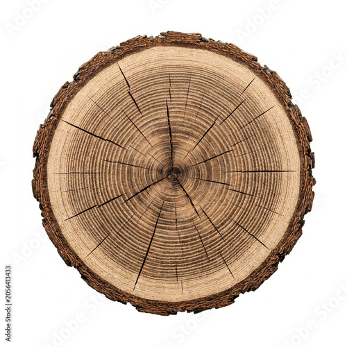 Tree Trunk Cross Section With Growth Rings and Bark Isolated on White Background