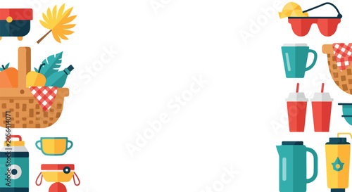 Canvastavla A vibrant collection of picnic and outdoor activity icons, including a basket, drinks, and food, flanking a clean white background space
