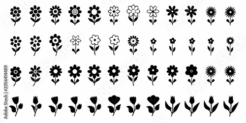 Obraz na plátně Floral silhouettes collection black and white graphic icons on a white backgroun