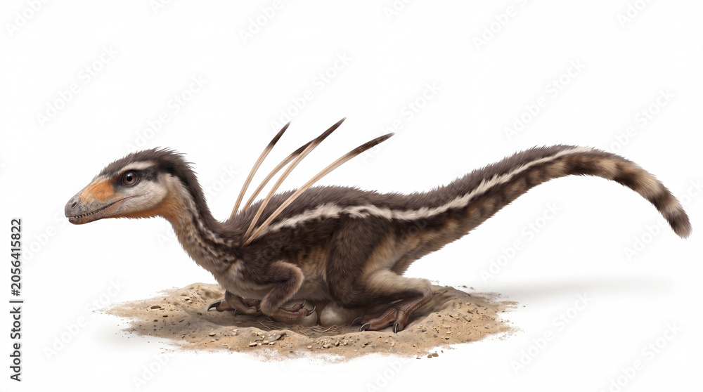 Obraz premium Ubirajara jubatus incubating a clutch of eggs in a nest, displaying natural reproductive behavior and parental care with accurate feathered anatomy in a detailed scientific paleontological reconstruct