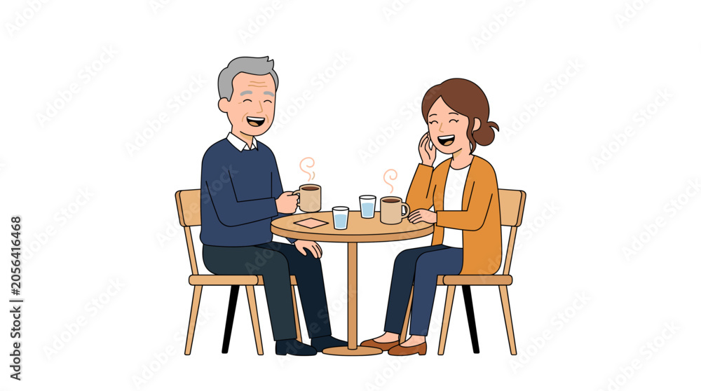 Fototapeta premium Happy senior couple enjoying coffee and conversation at a cafe table, illustrating companionship and leisure time together