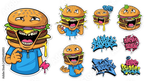 Fotografie Cartoon burger characters with graffiti style text elements.