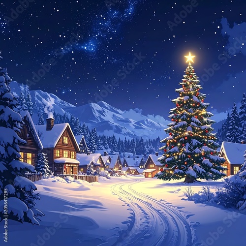 Snowy village scene with Christmas tree and starry night sky