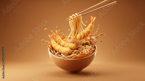 Dynamic splash of noodle broth and fried shrimp against a brown background
