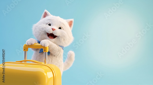 3D rendered white cat holding a yellow suitcase handle on blue background