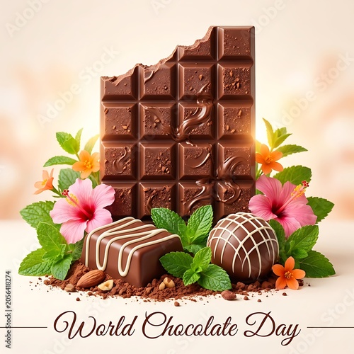 Chocolate treats and flowers on a beige background for world chocolate day celebration