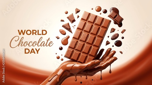 Hand holding chocolate bar with melting chocolate pieces around it for world chocolate day
