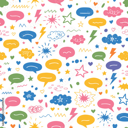 Cute seamless vector textile pattern featuring colorful hand-drawn doodles, speech bubbles, stars, and whimsical abstract shapes for kids