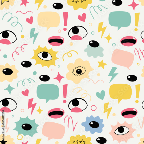 Seamless vector textile pattern with comic doodle eyes, speech bubbles, and lightning bolts in pastel tones