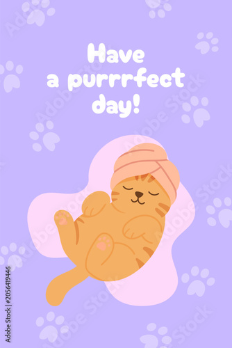 Cute ginger cat enjoying spa day with towel turban on pastel background. Cat resting peacefully among paw prints. Cat themed nursery art