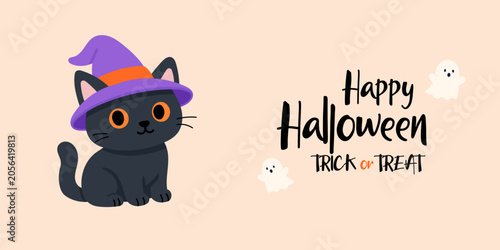 Cute black cat in witch hat with Halloween greeting and friendly ghosts. Cat illustration for haloowen banner. Cat brings spooky fun