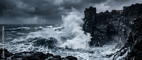 Dramatic waves crashing against dark rocky coastline under stormy sky