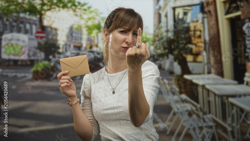 Vászonkép Woman in white blouse holding brown envelope shows middle finger on street outside cafe building; defiance rebellion