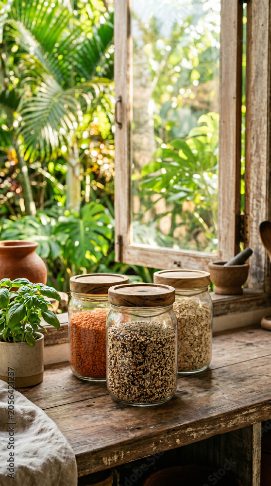 Fototapeta premium Three glass jars with dry grains on rustic wooden table near open window with green plants