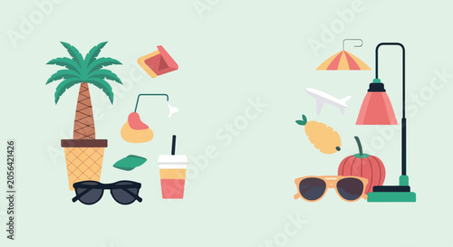 Φωτογραφία A colorful vector illustration featuring various summer-themed objects like a palm tree, sunglasses, and drinks arranged in two separate groups