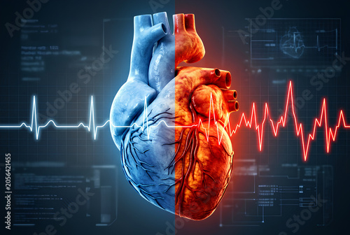 Cardiology and heart health concept with anatomical human heart split in blue and red, showing ECG waveforms and medical data.
