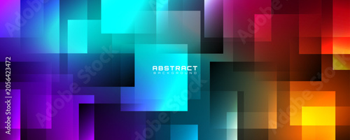 Colorful abstract background overlap layer on dark space with glowing square shapes effect decoration. Modern graphic design element cutout style concept for web, art, flyer, card, or brochure cover