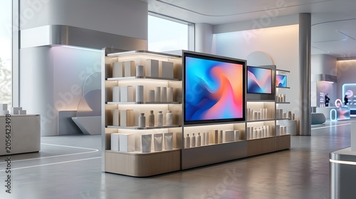 E-commerce product showcase with blank packaging in modern retail store