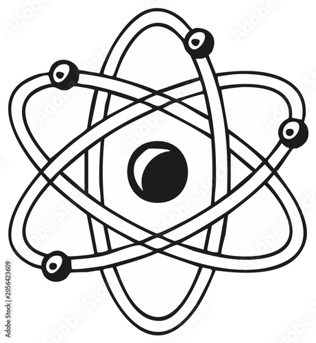 Black and White Atomic Model Icon for Scientific Discovery and Research Concepts