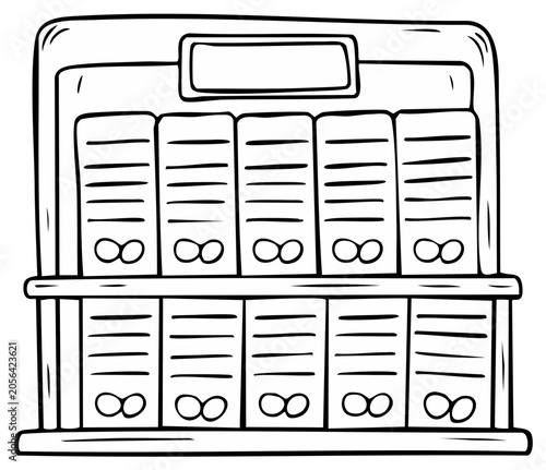 Retro jukebox selection panel hand drawn coloring book page illustration