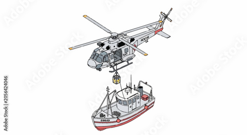 Photography Helicopter lifting a fishing boat with a winch and cable during a rescue operation