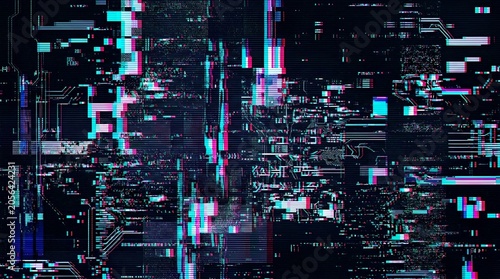 Futuristic cityscape at night with digital glitch overlay and neon lights