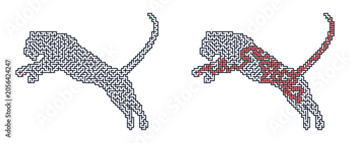 Abstract red and grey dog silhouette in dynamic leap position  